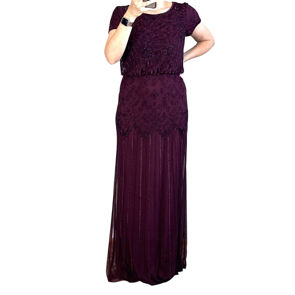 Adrianna‎ Papell Cassis Sequin Beaded Maxi Gown Dress Size 10 Plum Purple Gatsby
